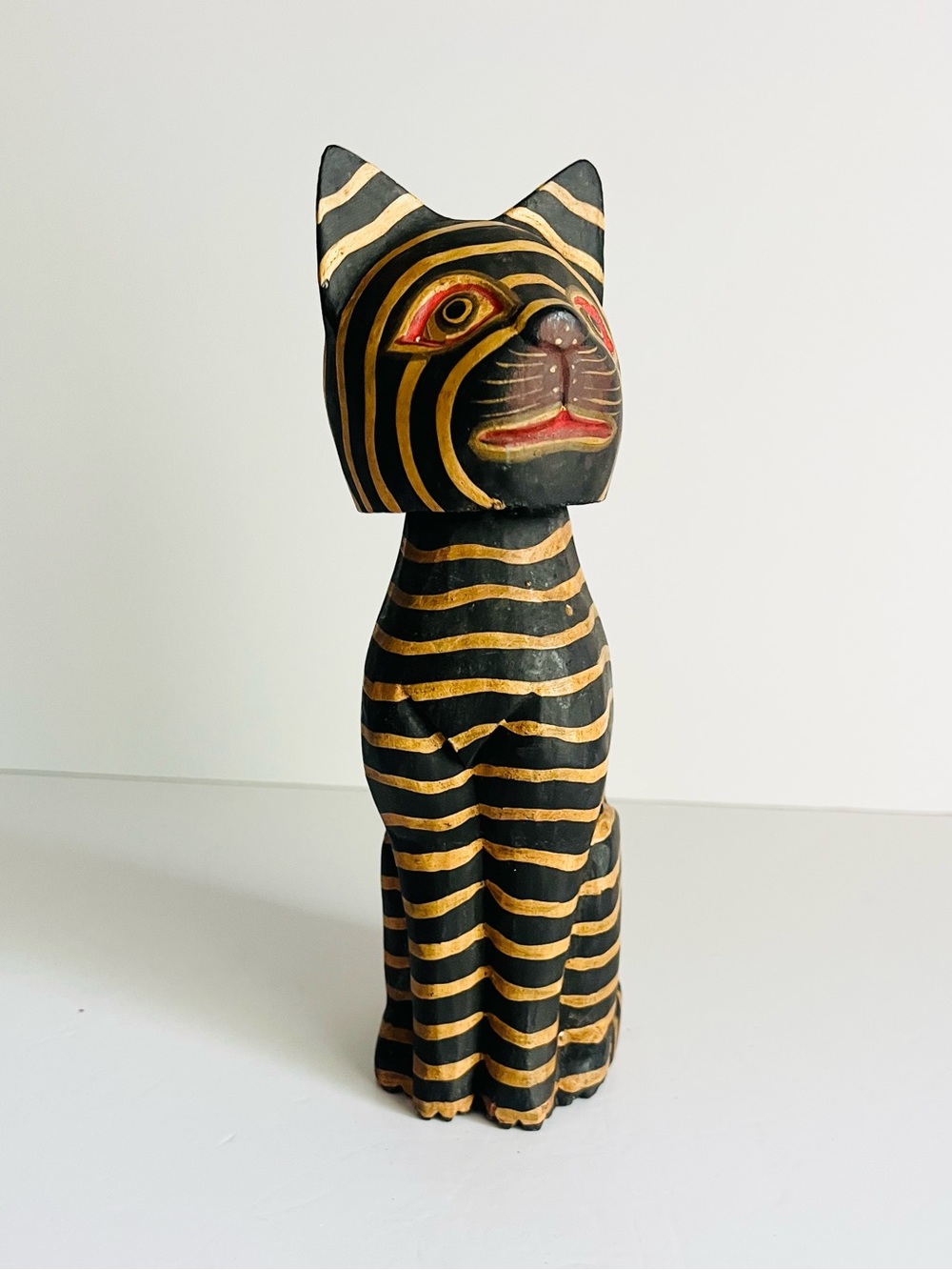Hand Carved Indonesian Bobble Head Cat Figurine Black Gold Wood Decor